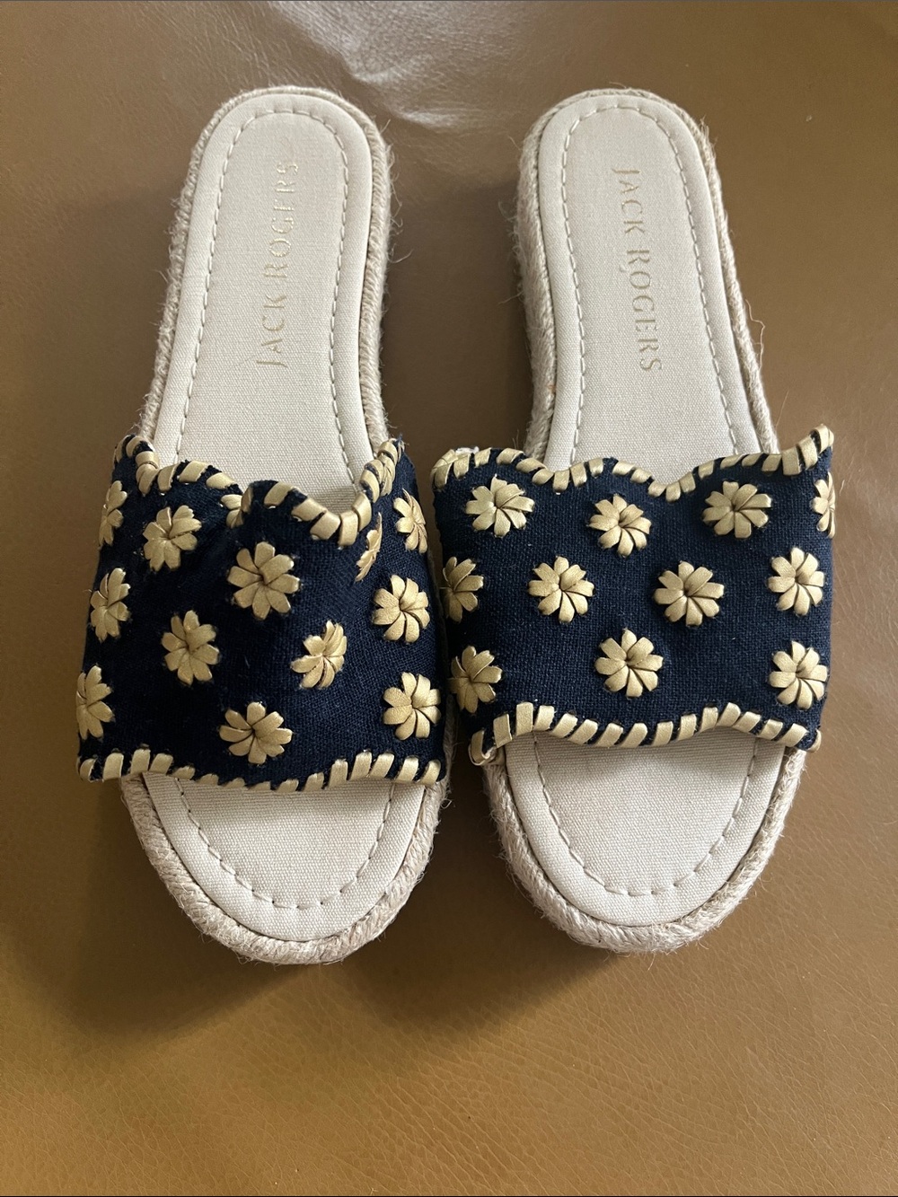 Jack Rogers Navy Slide Sandals with Gold Floral Details
